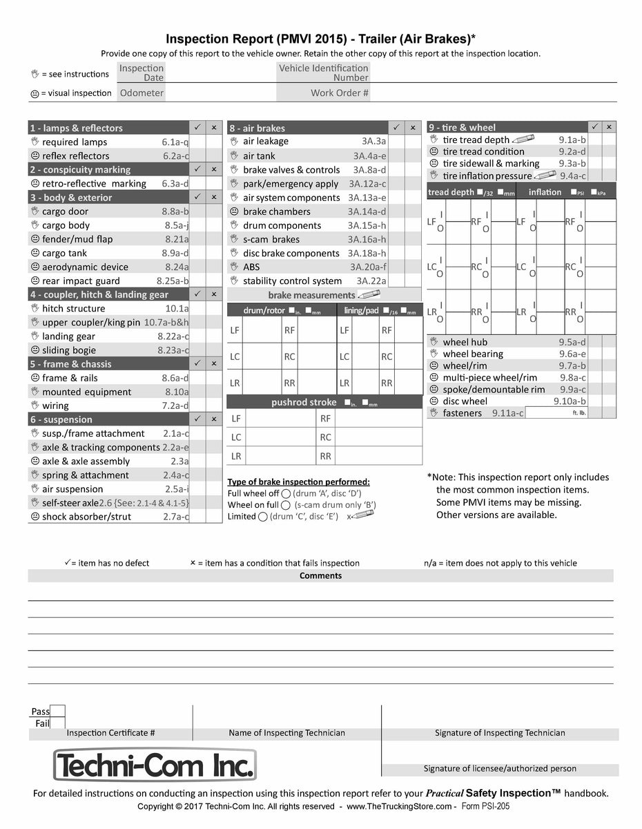 PSI-205 Trailer (Air Brakes) Report and Checklist for PMVI Inspection ...