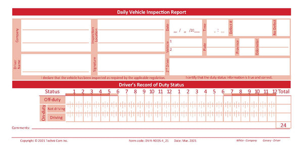 Daily Vehicle Inspection Report and Record of Duty Status - Small Format (DVIR-RODS)