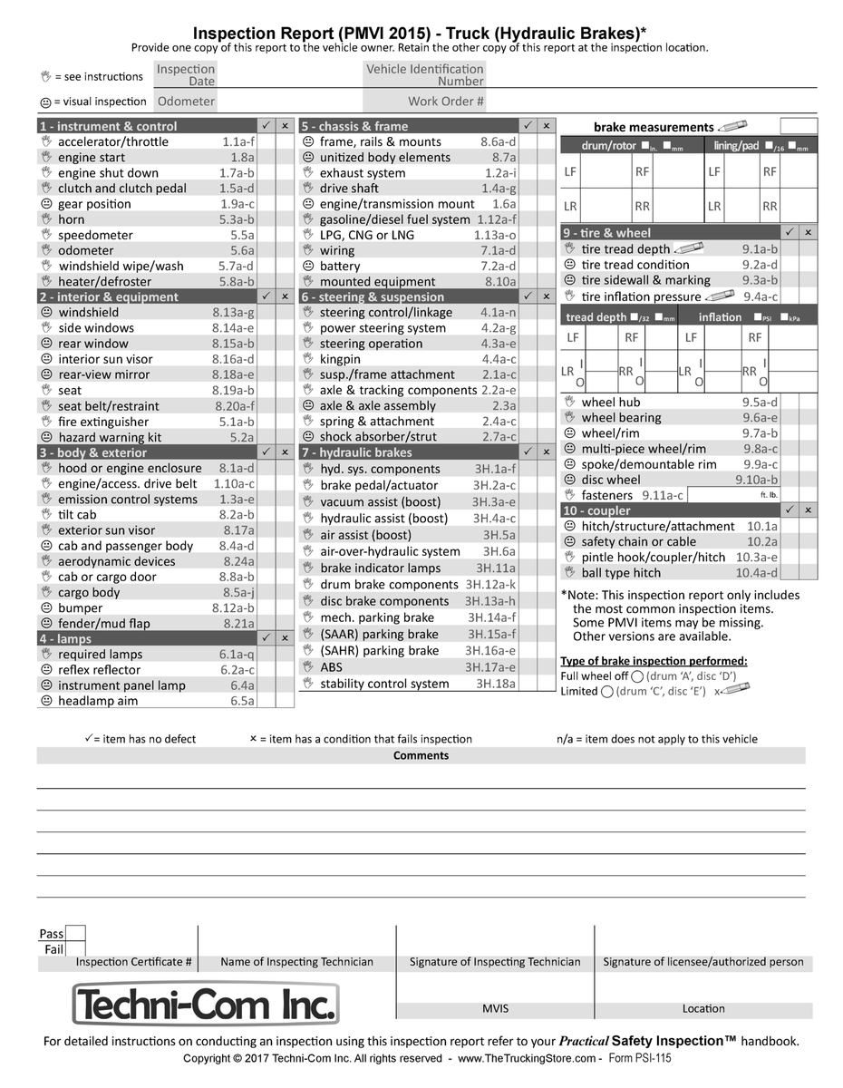 PSI-115 Truck (Hydraulic Brakes) Report and Checklist for PMVI Inspect ...
