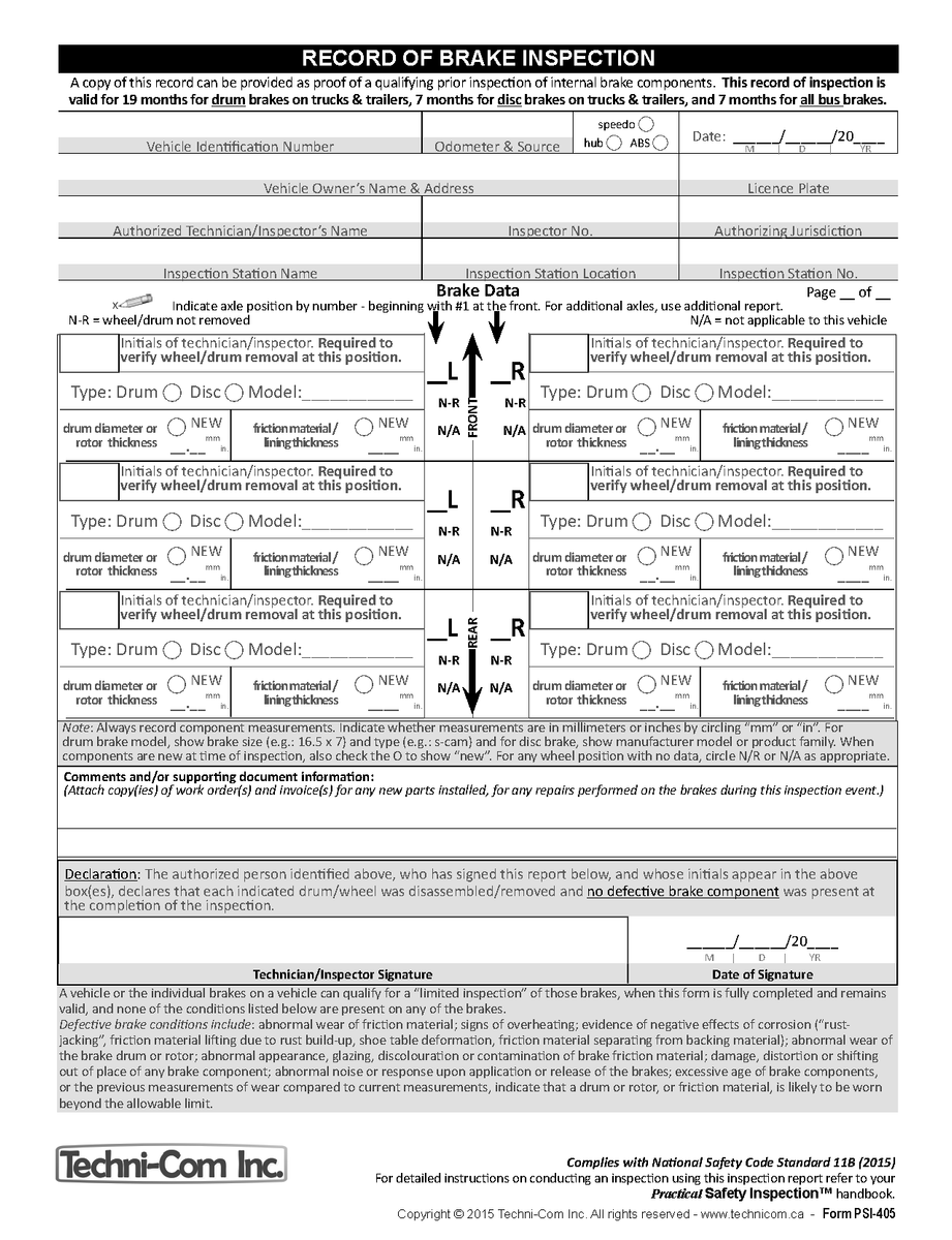 PSI-405 Record of Brake Inspection for PMVI Inspection – Techni-Com Inc.